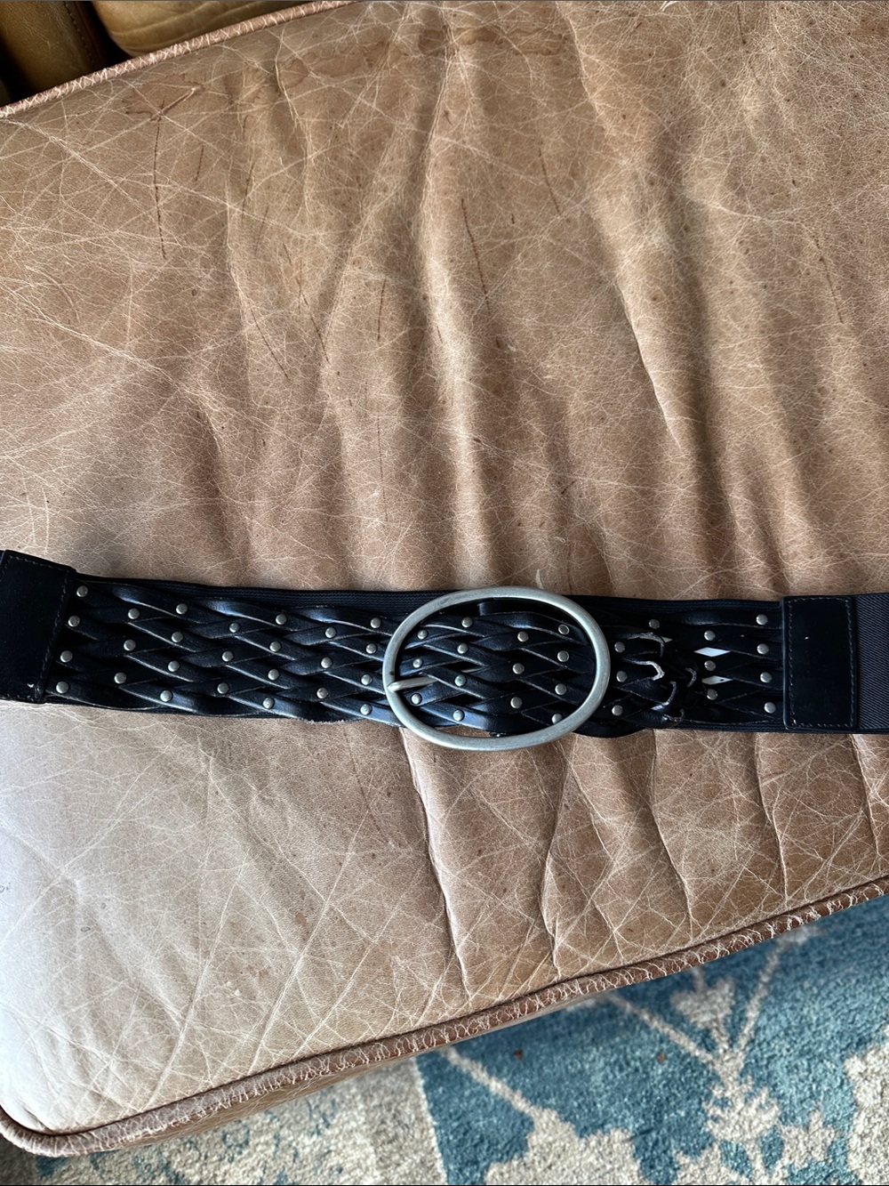 Chinese Laundry Black Braided Studded Stretch Belt with Oval Silver Buckle